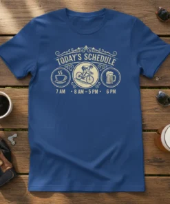 Today's Schedule Coffee Cycling Beer T-Shirt with times for each activity, featuring icons for coffee, a cyclist, and a beer