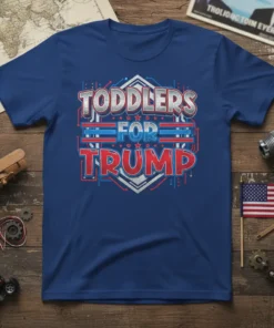 Toddlers For Trump text design with red, white, and blue stars and stripes graphic on a blue t-shirt