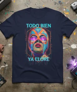 Todo Bien Ya Llore Lucha Libre mask t-shirt design with crying eyes and digital glitch effect