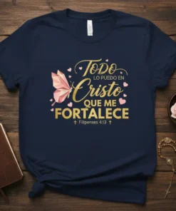 Christian t-shirt with gold glitter text "TODO LO PUEDO EN CRISTO QUE ME FORTALECE" and butterfly graphic, Philippians 4:13 scripture