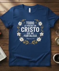 Todo Lo Puedo En Cristo Que Me Fortalece T-Shirt with floral wreath and crosses, featuring Philippians 4:13 scripture