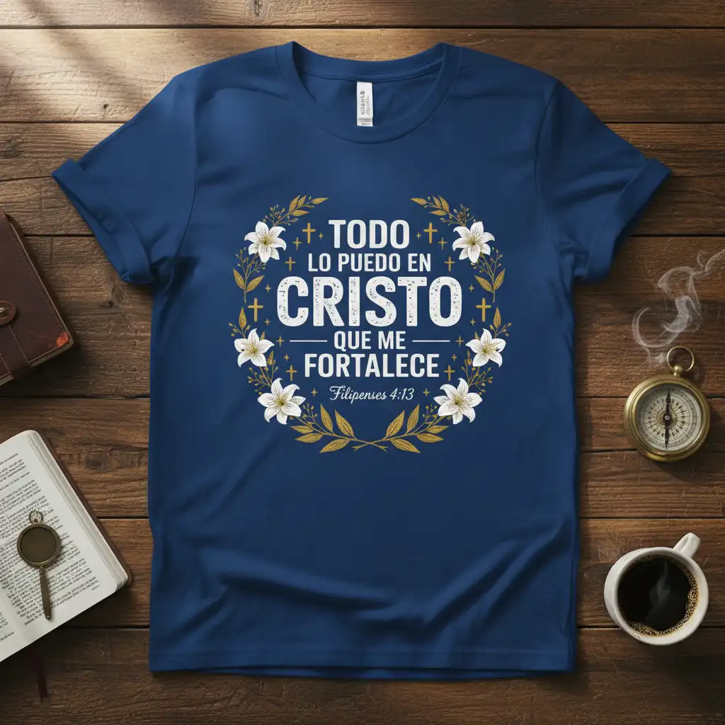 Todo Lo Puedo En Cristo Que Me Fortalece quote on a navy t-shirt with floral and cross design