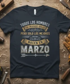 Spanish quote t-shirt: "Todos Los Hombres Son Creados Iguales Pero Solo Los Mejores Nacen En Marzo" with vintage distressed typography