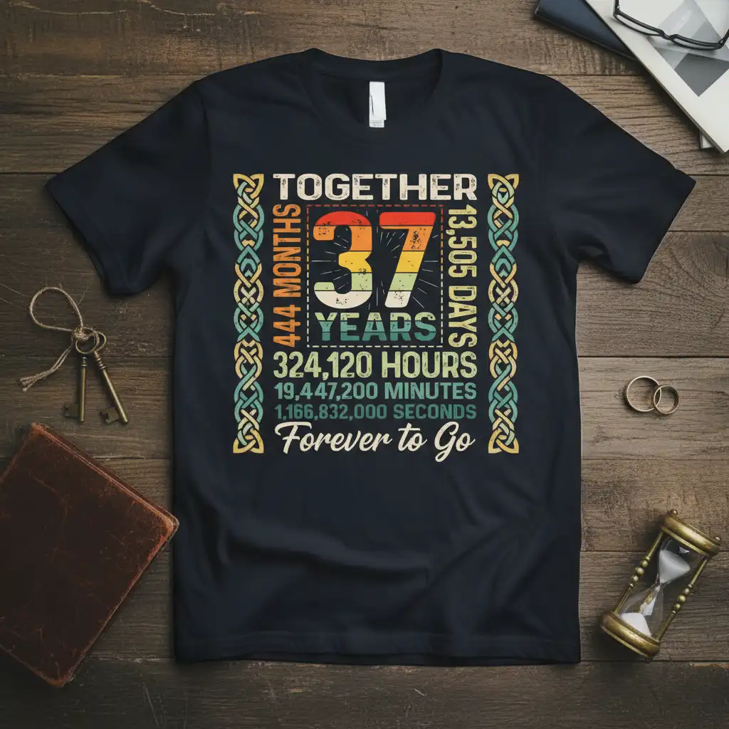Together 37 Years Forever to Go anniversary t-shirt featuring retro typography and time breakdown details
