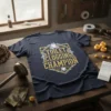 Toilet Clogging Champion t-shirt with gold glitter text and decorative border, featuring pipes and toilet graphics
