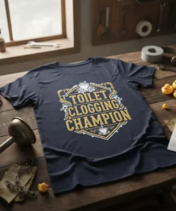 Toilet Clogging Champion t-shirt with gold glitter text and decorative border, featuring pipes and toilet graphics