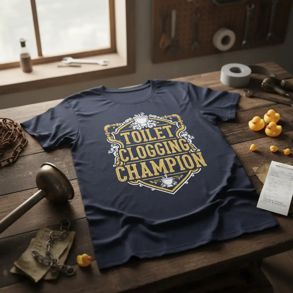 Toilet Clogging Champion text in distressed gold font with plumbing graphics on a navy t-shirt