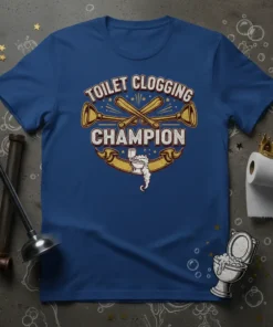 Toilet Clogging Champion t-shirt design with crossed plungers and toilet graphic