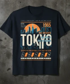 Tokyo Be Brave Be Bold Be Strong Japanese T-Shirt with cityscape and vintage sportwear design