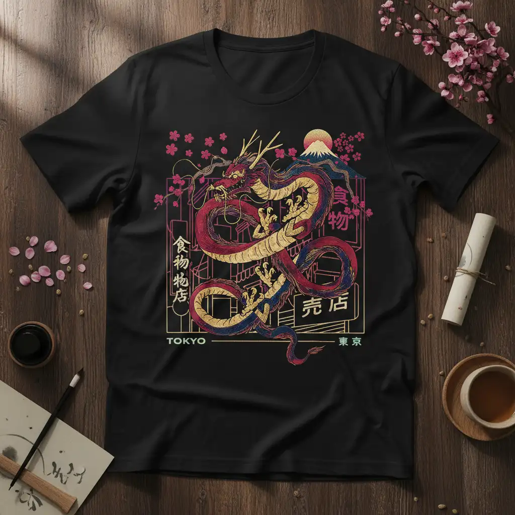Detailed Tokyo Dragon Japanese Kanji Streetwear design on a black t-shirt with Mount Fuji and cherry blossoms