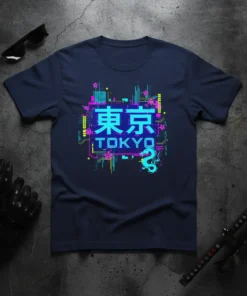 Tokyo Japan Dragon Cyberpunk T-Shirt with neon city art and Japanese characters, dark navy blue