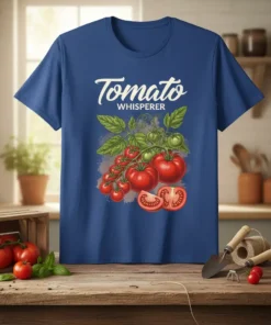 Tomato Whisperer T-Shirt with white script text and illustration of ripe tomatoes on the vine