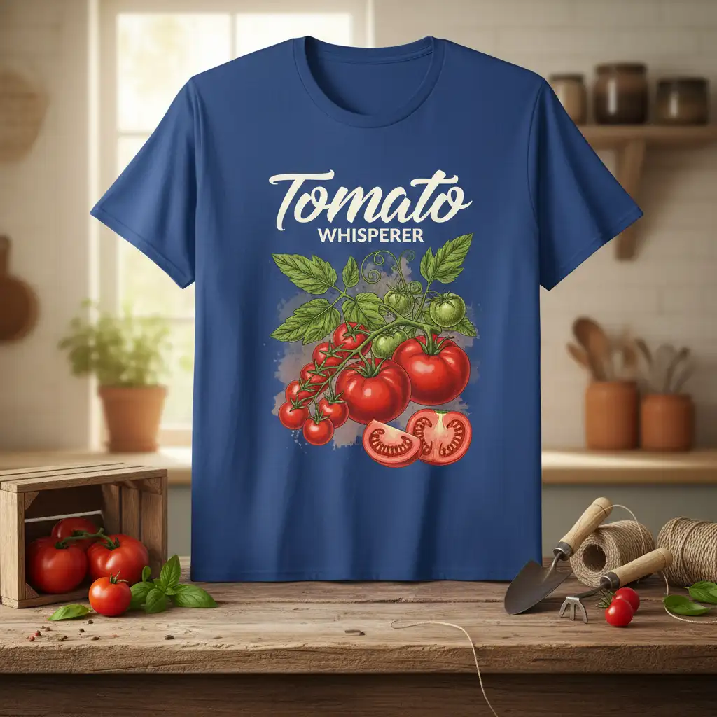 Tomato Whisperer text and illustration of a tomato vine on a blue t-shirt, perfect for gardeners
