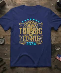Political T-Shirt with "Too Big To Rig 2024" text, featuring a lion graphic and stars, on a navy blue shirt