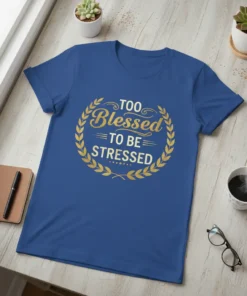 Blue t-shirt with gold text "TOO Blessed TO BE STRESSED" in a laurel wreath design