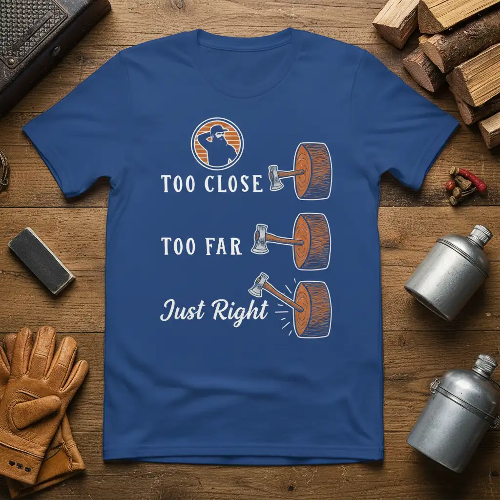 Humorous TOO CLOSE TOO FAR Just Right lumberjack tee with axe and log graphics