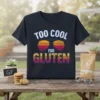 Too Cool For Gluten t-shirt design with sunglasses graphic and retro sunset stripes