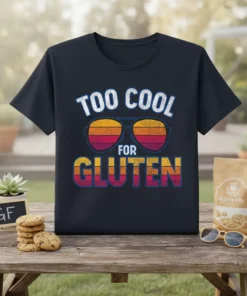 Too Cool For Gluten t-shirt design with sunglasses graphic and retro sunset stripes