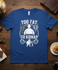 Funny "Too Fat To Kidnap" quote t-shirt design with a graphic of a large person and hot air balloons