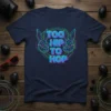 TOO HIP TO HOP text with neon bunnies wearing sunglasses on a navy t-shirt, retro style