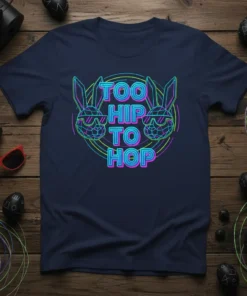 TOO HIP TO HOP text with neon bunnies wearing sunglasses on a navy t-shirt, retro style