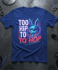 Too Hip To To Hop graphic t-shirt with a blue bunny wearing sunglasses and a neon circle design