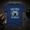 Blue t-shirt with the text "Too Legit To Split" above a bowling ball scattering pins