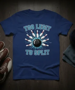 Blue t-shirt with the text "Too Legit To Split" above a bowling ball scattering pins