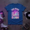 Retro disco graphic tee with text "TOO MUCH TOO MUCH PANIC NOT ENOUGH DISCO" and a disco ball illustration