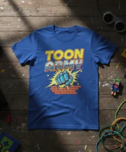 Toon Army text design with a blue fist breaking through a brick wall, on a royal blue t-shirt