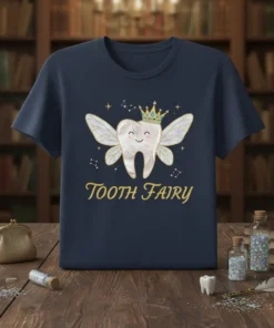 Tooth Fairy T-Shirt design featuring a smiling tooth with wings and crown, text "Tooth Fairy" in gold script