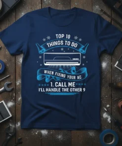 Navy blue t-shirt with "TOP 10 THINGS TO DO WHEN FIXING YOUR AC 1. CALL ME I'LL HANDLE THE OTHER