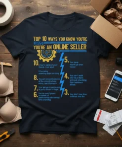 Top 10 Ways You're An Online Seller t-shirt design with blue and yellow text and gear graphic