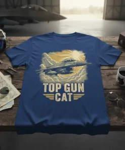Top Gun Cat design featuring a fighter jet flying through clouds with bold text below