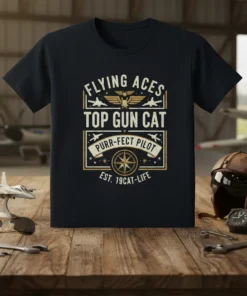 Flying Aces Top Gun Cat Purr-fect Pilot Est. 19Cat-Life t-shirt design with vintage aviation graphics