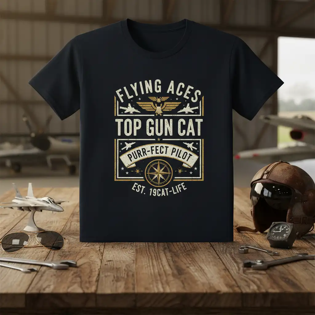 Flying Aces Top Gun Cat Purr-fect Pilot Est. 19Cat-Life text and aviation graphics on a dark t-shirt design