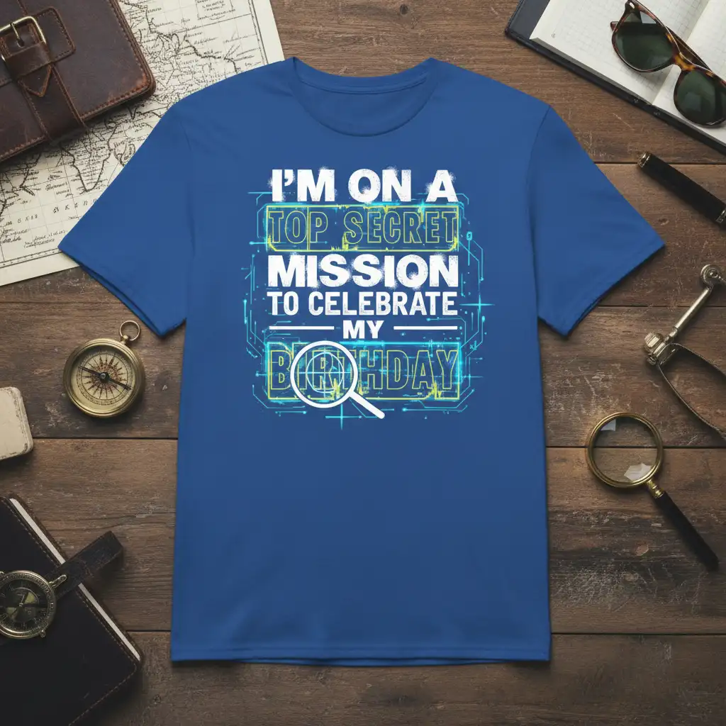 I'm On A Top Secret Mission To Celebrate My Birthday quote with futuristic digital graphics and magnifying glass on t-shirt