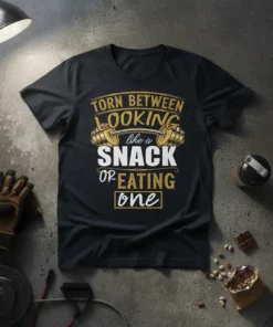 Black t-shirt with "Torn Between Looking Like A Snack Or Eating One" gym humor quote and barbell graphic