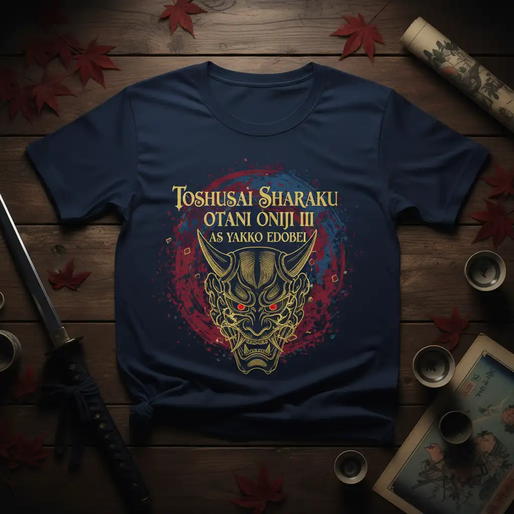 Toshusai Sharaku Otani Oniji III As Yakko Edobei Kabuki actor t-shirt with golden mask and red circular motif
