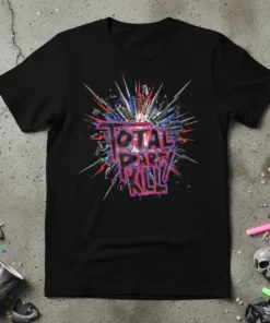 Black t-shirt with "TOTAL PARTY KILL" text in a bold, explosive graphic design with red and blue accents