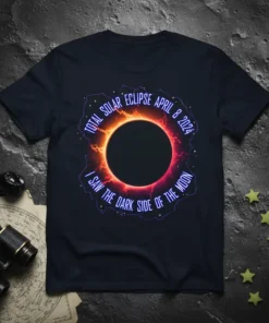 Total Solar Eclipse April 8 2024 "I Saw The Dark Side Of The Moon" text design with a fiery corona