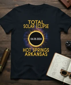 Total Solar Eclipse 04.08.2024 Hot Springs Arkansas t-shirt design with sun graphic