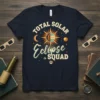 Total Solar Eclipse Squad text with sun, moon, and planets graphic on a navy t-shirt