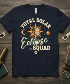 Total Solar Eclipse Squad text with sun, moon, and planets graphic on a navy t-shirt