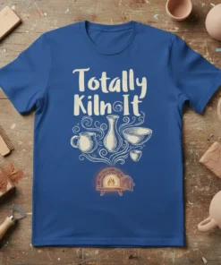 Totally Kiln It text with pottery graphics including a kiln, mugs, and bowls on a blue t-shirt