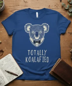 Blue t-shirt with white text reading "TOTALLY KOALIFIED" and a sketch-style koala wearing a tuxedo and bow tie