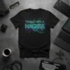 Black t-shirt with "Totally Not A Hacker" text in neon green and purple, featuring a skull graphic and circuit board