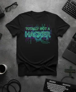 Black t-shirt with "Totally Not A Hacker" text in neon green and purple, featuring a skull graphic and circuit board