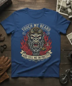 Gorilla biker t-shirt with text "Touch My Beard And Tell Me Im Pretty" and smoking pipe