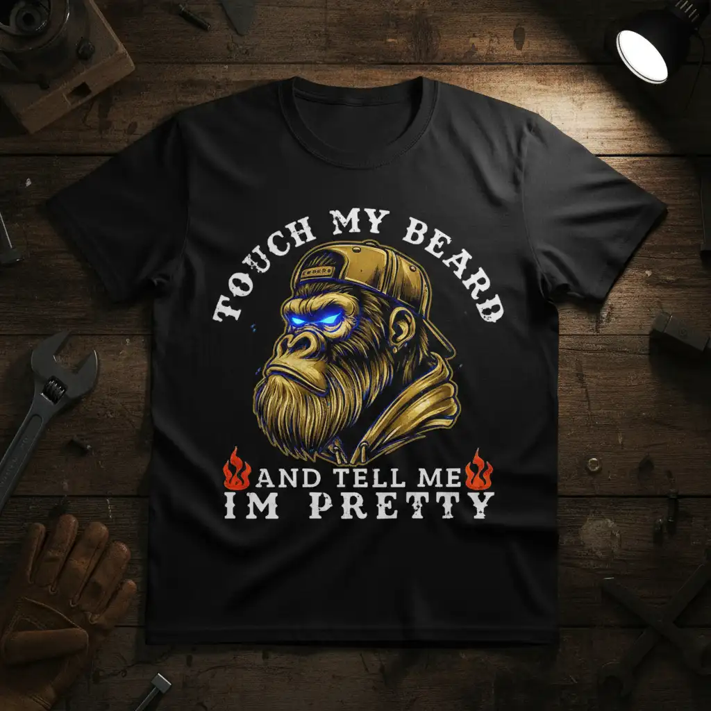 Touch My Beard And Tell Me Im Pretty quote with gorilla and flames graphic on a black t-shirt